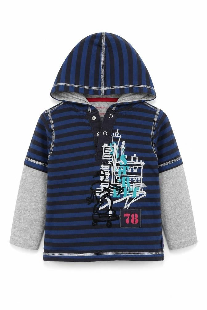 Front view of Pumpkin Patch boys’ blue striped henley jumper 24 months
