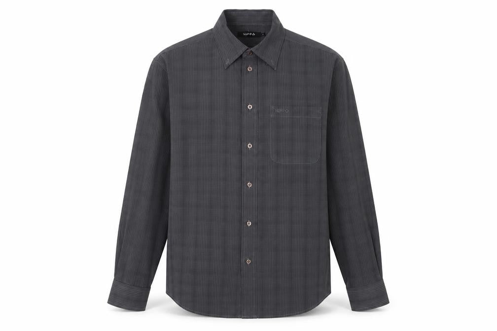 Front view of HIPPO Men's Grey Checked Long Sleeve Shirt, size S