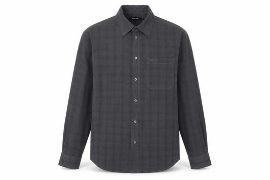 Front view of HIPPO Men's Grey Checked Long Sleeve Shirt, size S