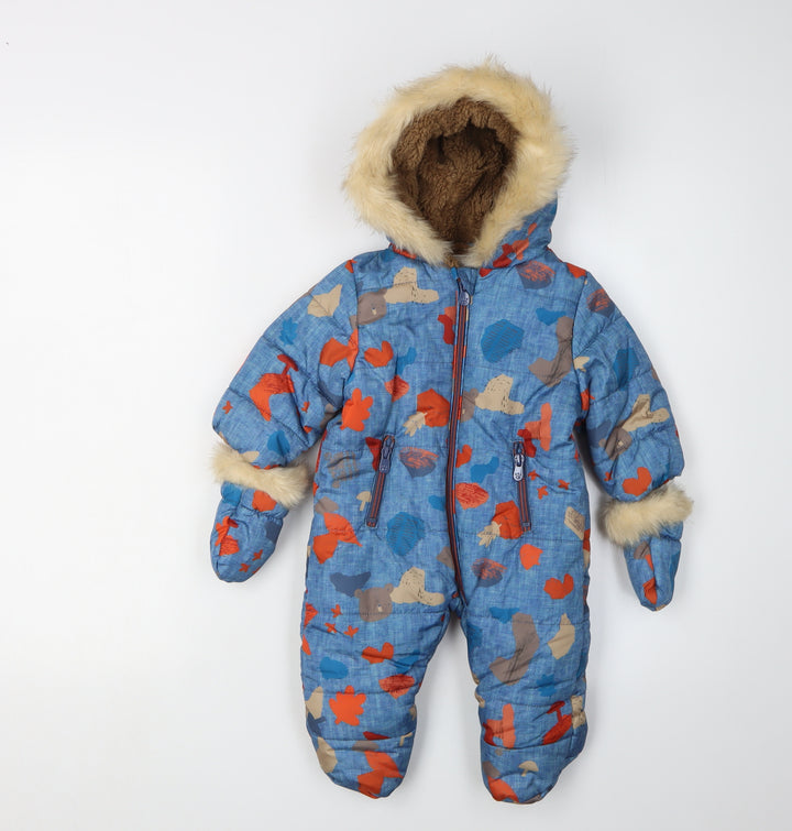 M&S Unisex Baby Blue Snowsuit 3-6 Months Camouflage Hooded