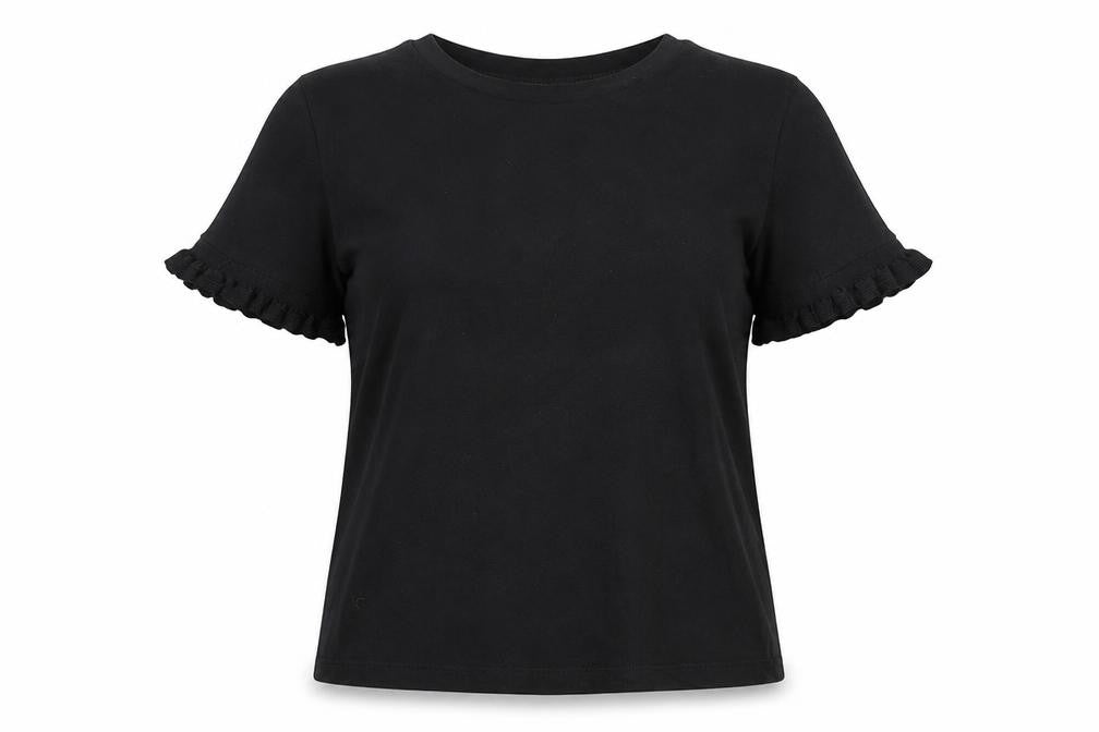 Front view of Zara Women's Black Ruffle Sleeve T-Shirt, Medium