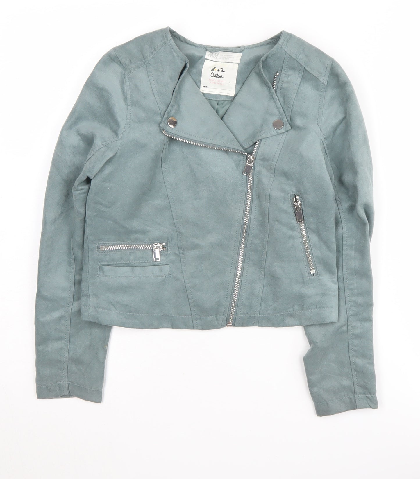 H&M Girls Green Motorcycle Jacket, 11 Years, Zipped Pockets