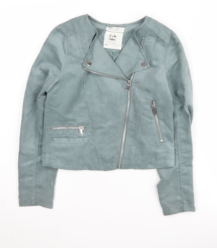 H&M Girls Green Motorcycle Jacket, 11 Years, Zipped Pockets