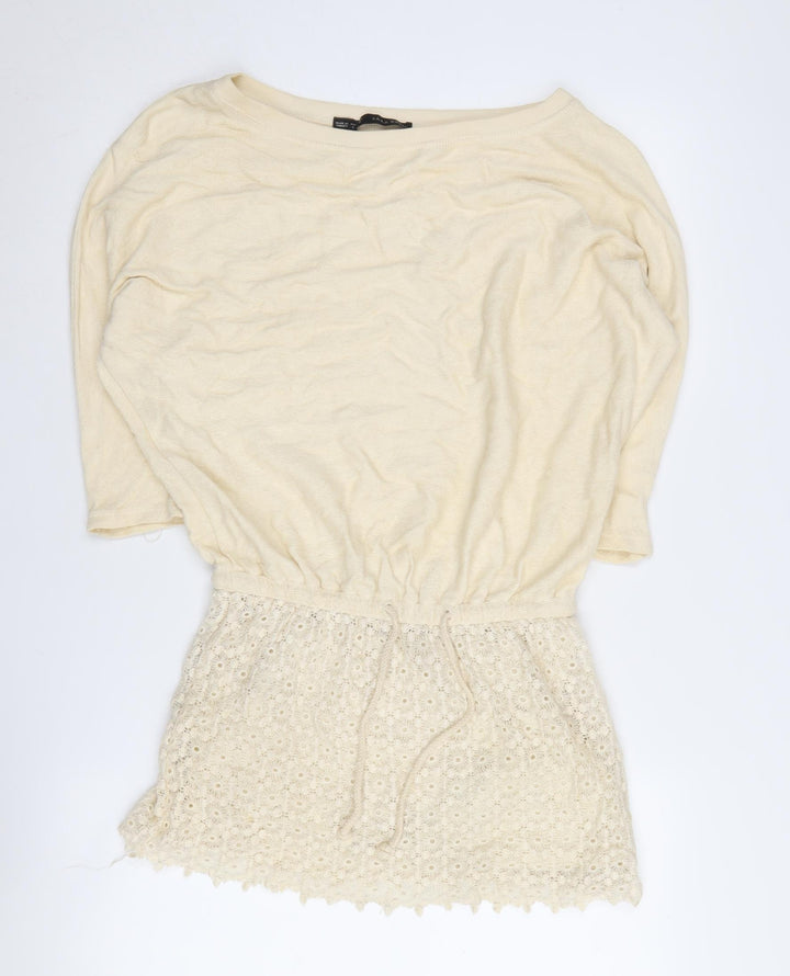 Zara Women's Beige S Short Shift Dress with Crochet Detail