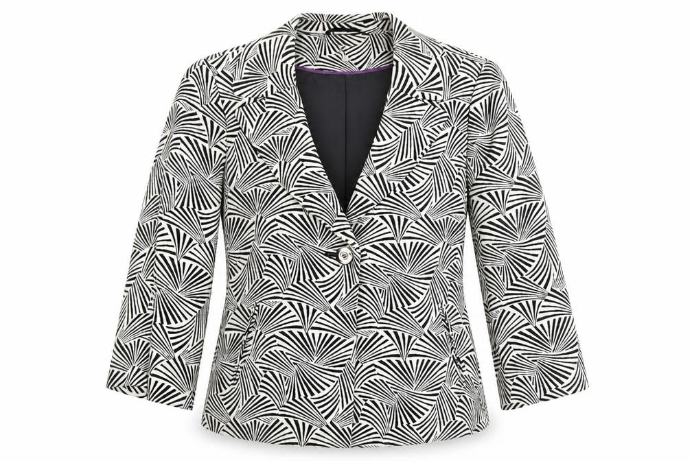 Front view of Country Casuals Women's Blazer Black/White Geometric, size 12