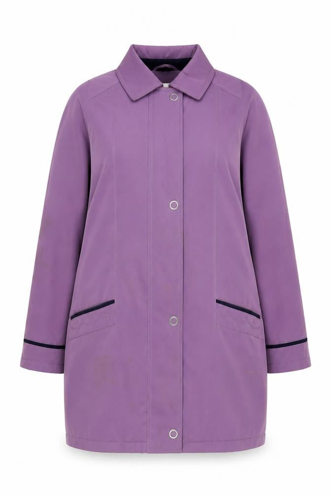 Front view of EWM Women's Purple Long Coat, size 16, Collared Style