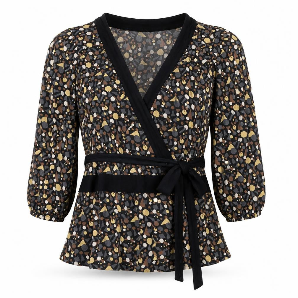 Front view of Topshop Women's Multicoloured Geometric Wrap Blouse, size 8