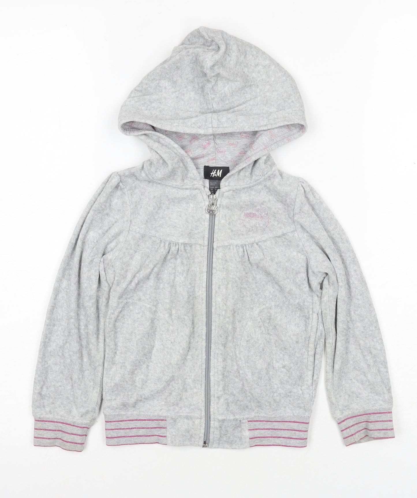 H&M Girls Grey Hoodie, Size 3-4 Years, Long Sleeve, Full Zip