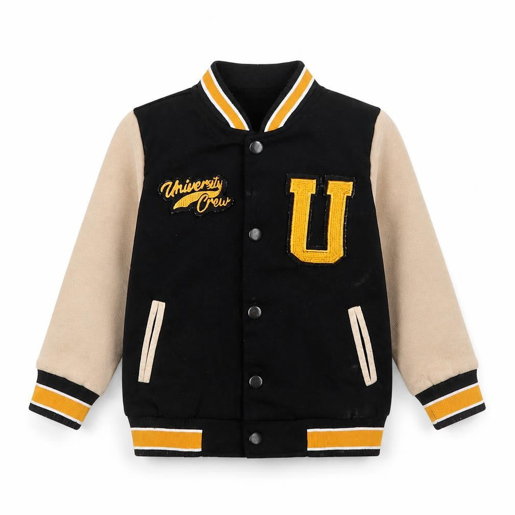Front view of Urban Junior boys’ black varsity jacket 3-4 years