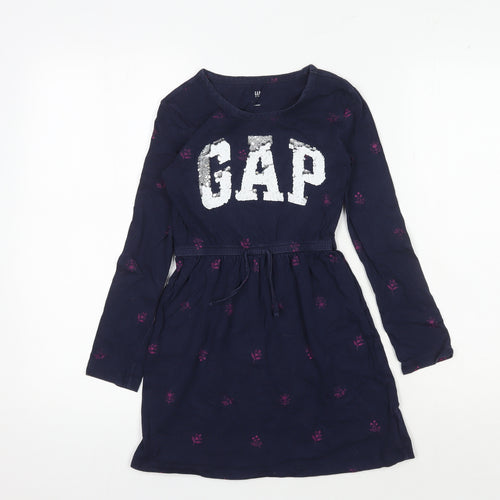 Gap Girls Blue T-Shirt Dress, M, Floral Logo, Long Sleeve