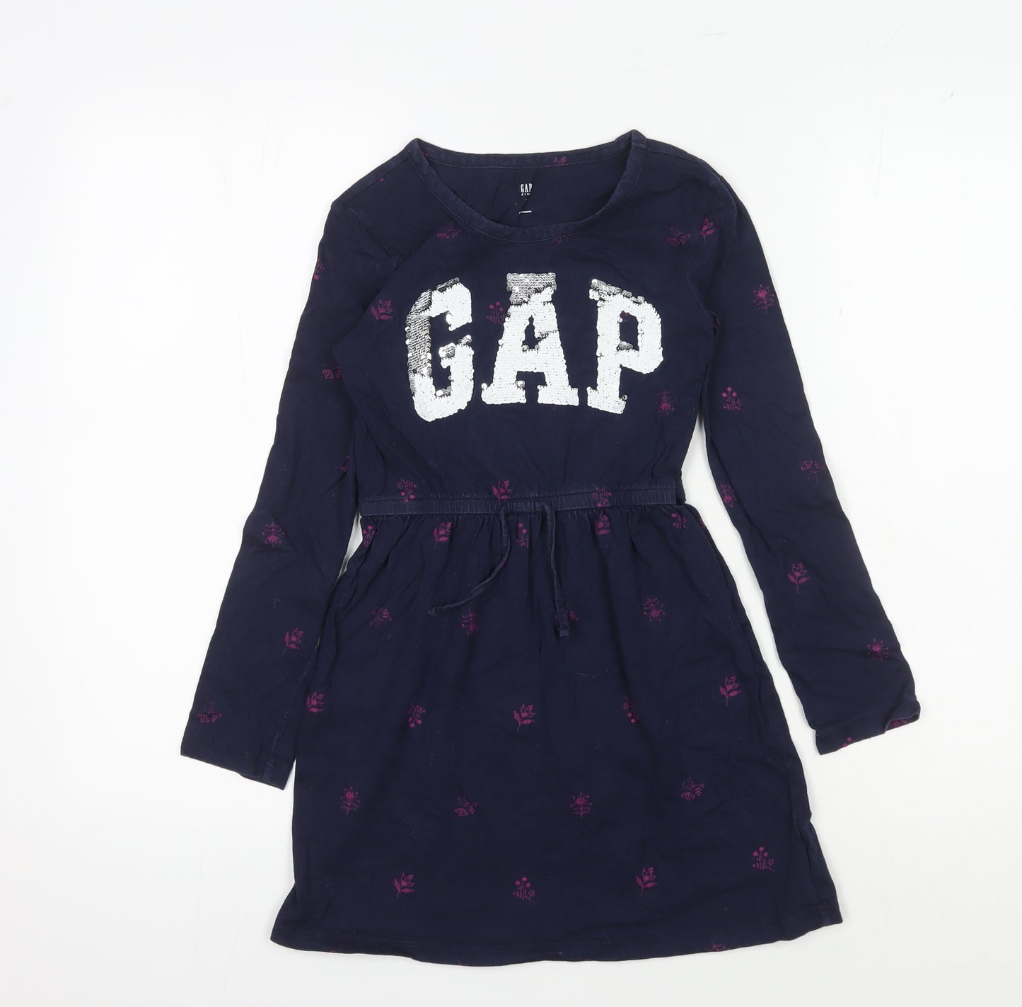 Gap Girls Blue T-Shirt Dress, M, Floral Logo, Long Sleeve