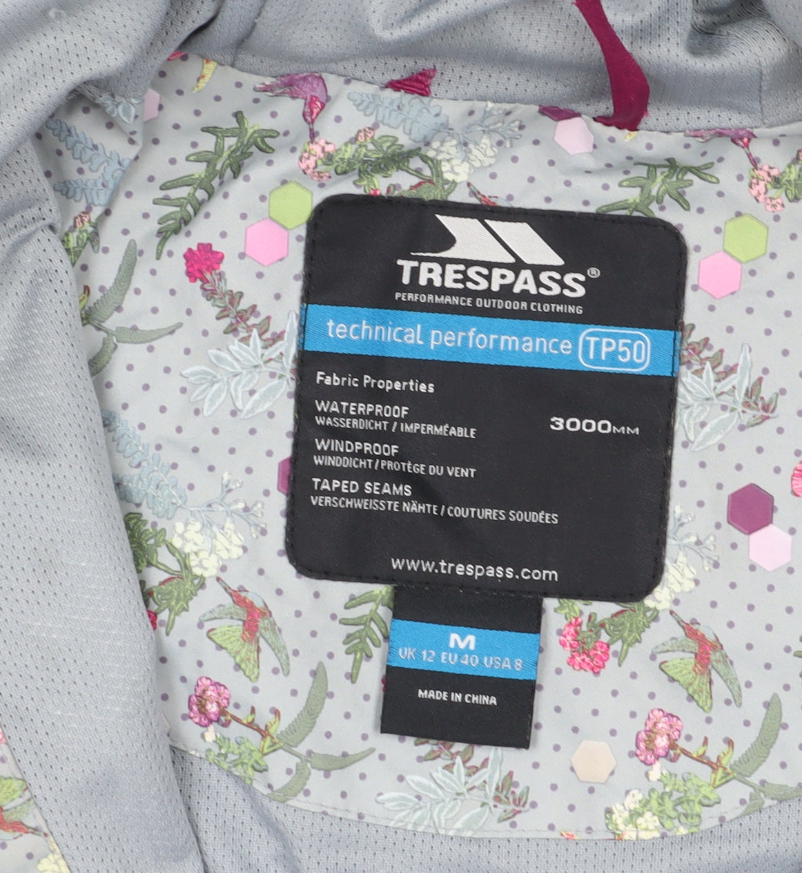 Trespass Women's Grey Floral Rain Coat Size M