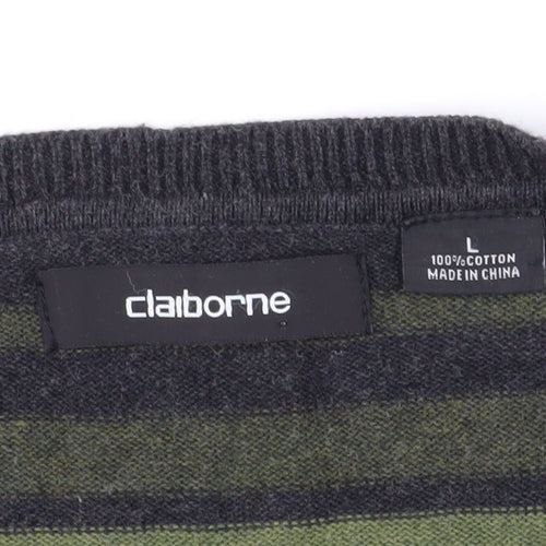 Claiborne Men's Green Striped Pullover Jumper L