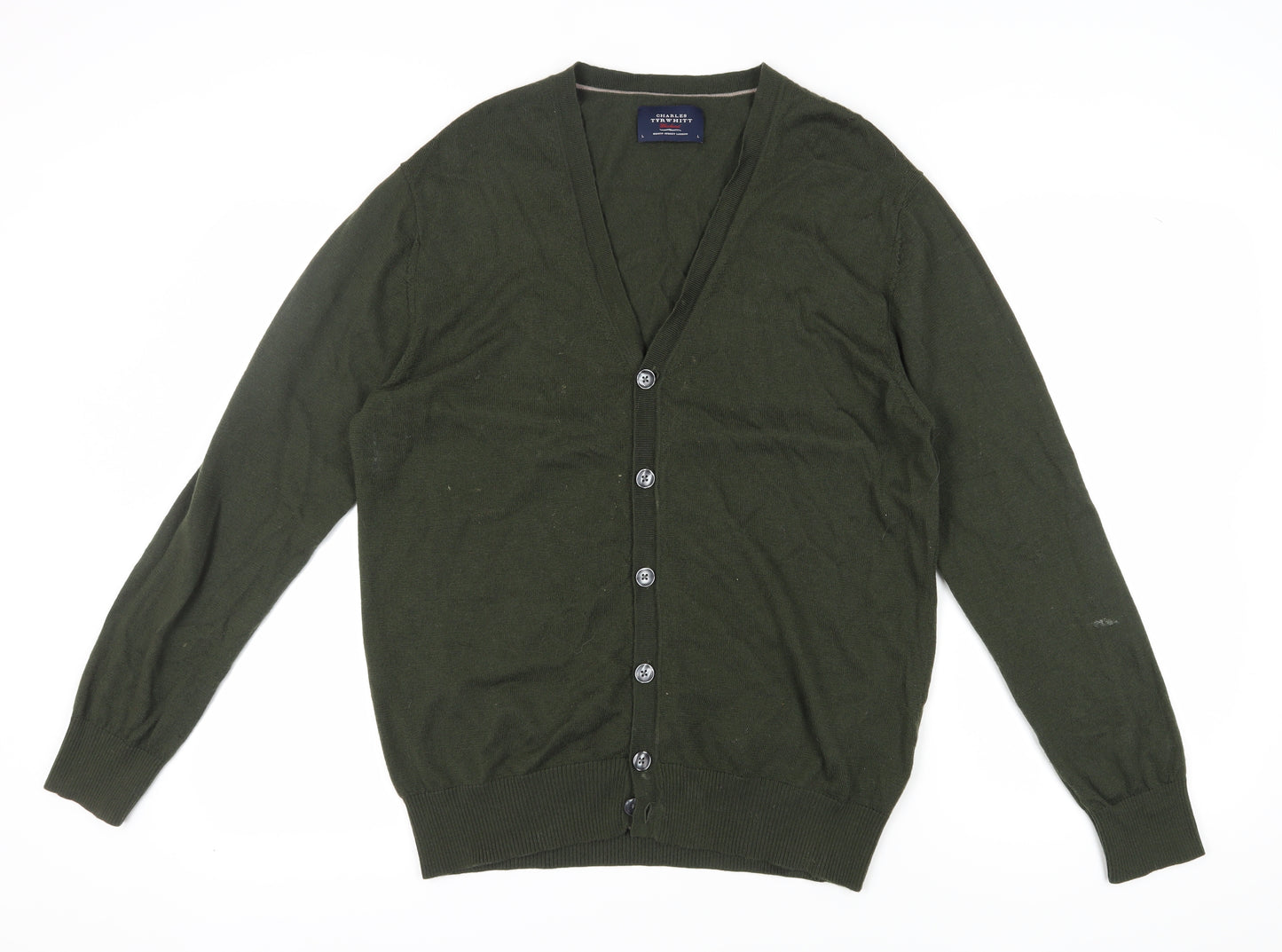Charles Tyrwhitt Green Wool Cardigan, Men's L, V-Neck