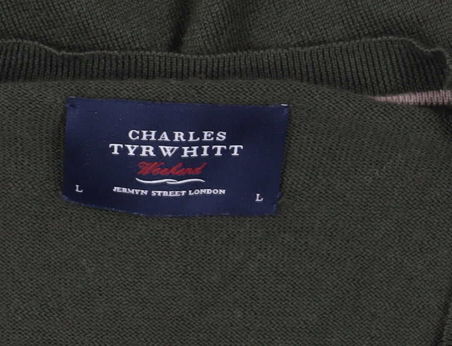 Charles Tyrwhitt Green Wool Cardigan, Men's L, V-Neck