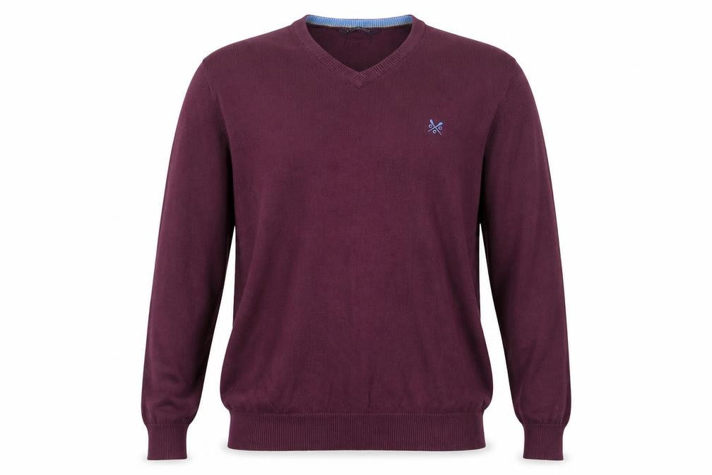 Front view of Crew Clothing Men's XL Purple V-Neck jumper