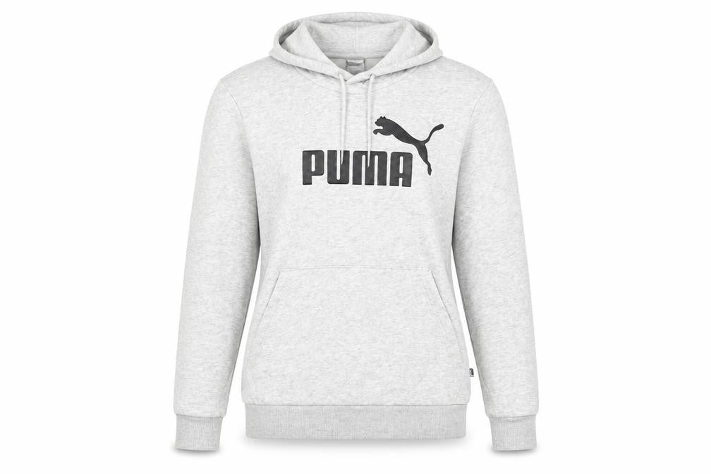 Front view of Puma Women's Grey Pullover Hoodie, size 12, with Logo Accents