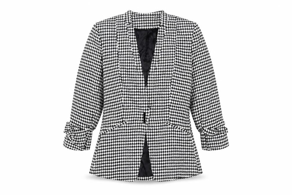 Front view of H&M Women's Black & White Check Blazer, size 6