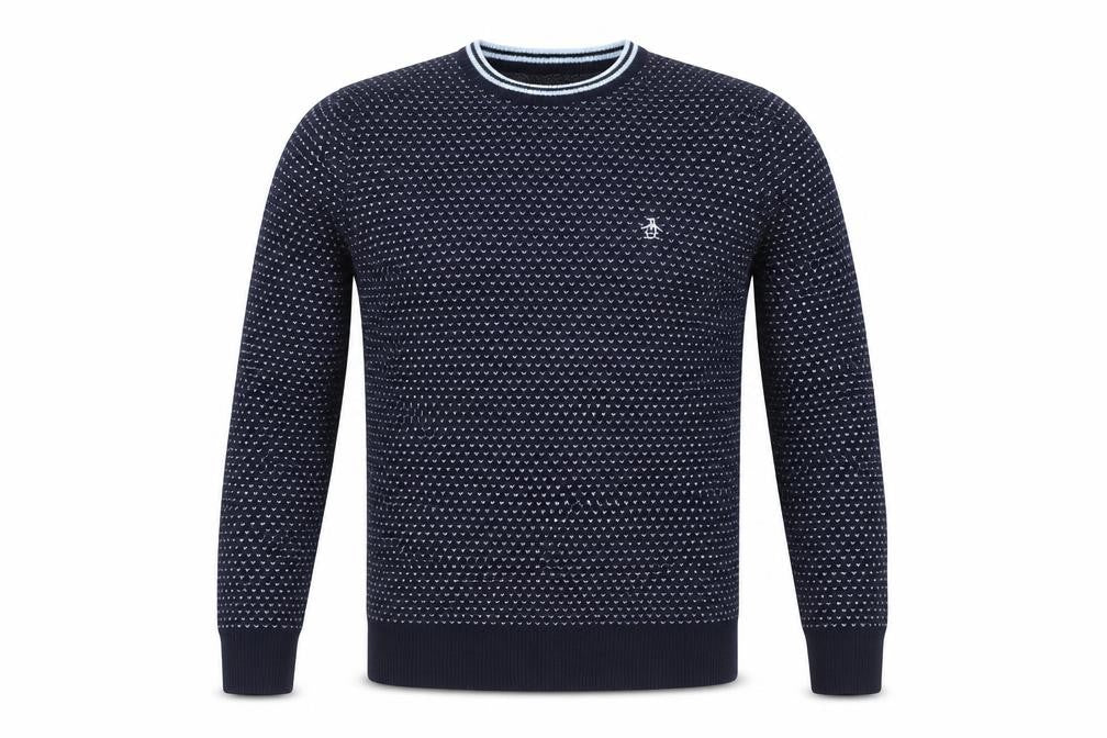 Front view of Original Penguin Men's Blue Crew Neck jumper, size M