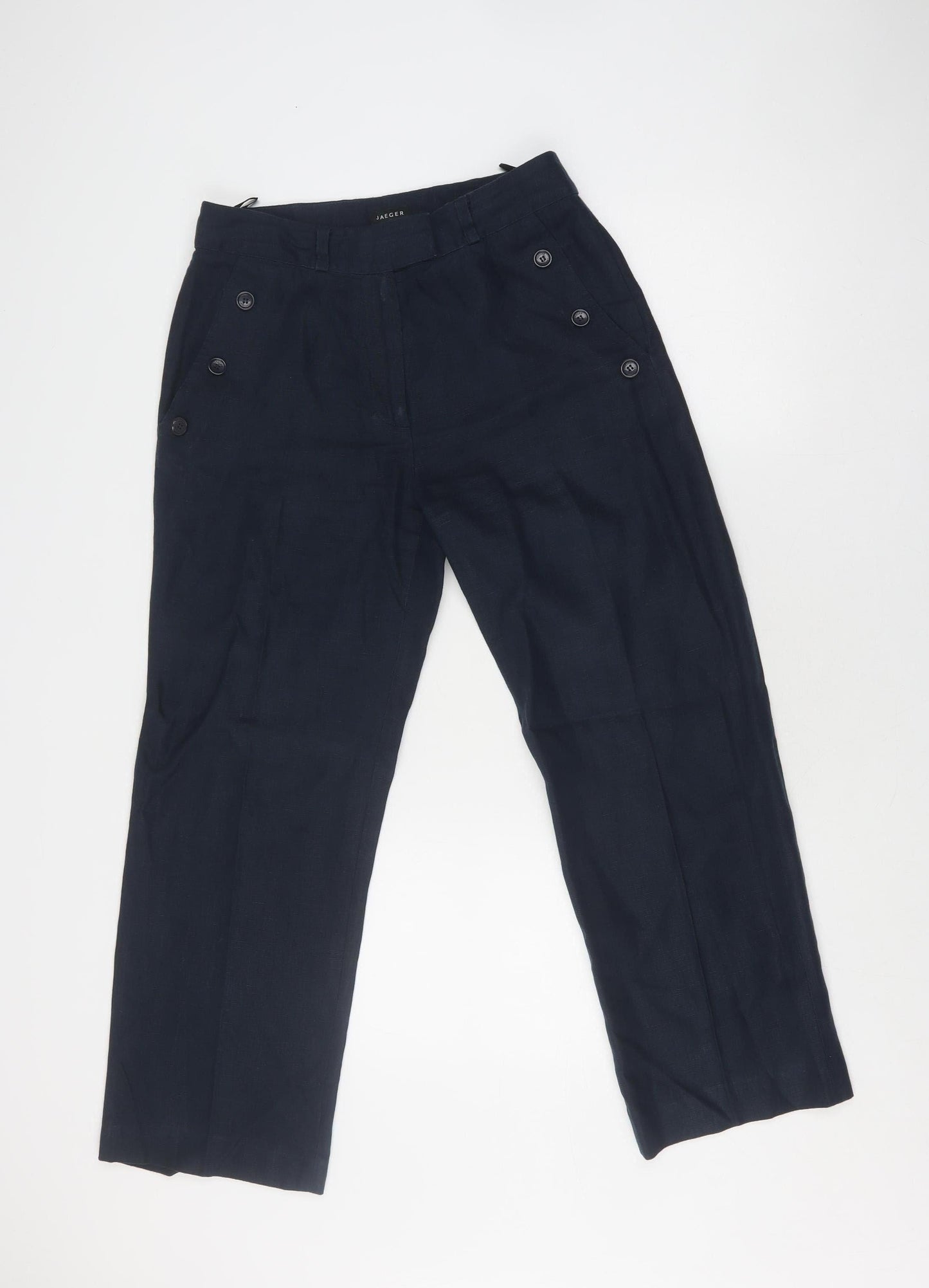 Jaeger Women's Blue Linen Trousers, Size 10, Button Accents