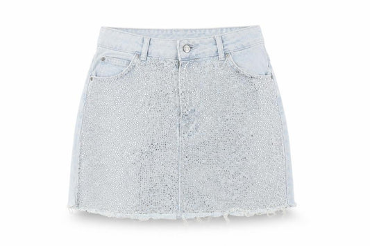 Front view of Topshop Women’s Blue Denim Mini Skirt, size UK 10, Rhinestone