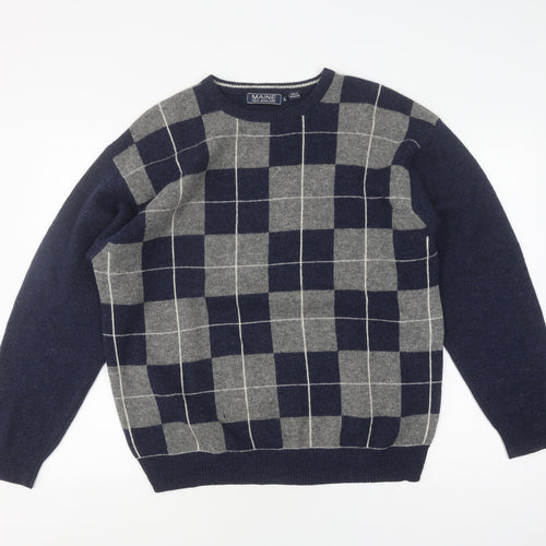 Maine New England Men's L Blue Grey Check Jumper