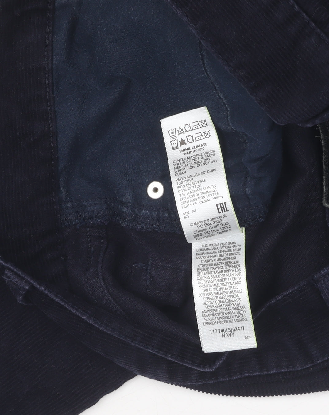 Marks and Spencer Unisex Corduroy Trousers - Blue, Size 30