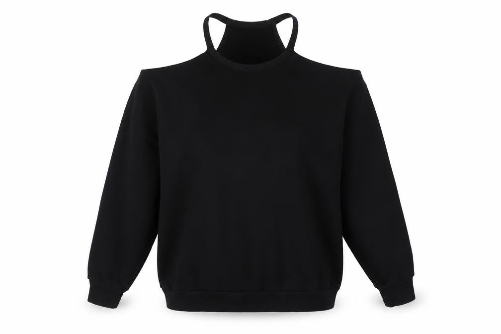 Front view of Sparkle & Fade Women's Black Cold Shoulder Sweatshirt S