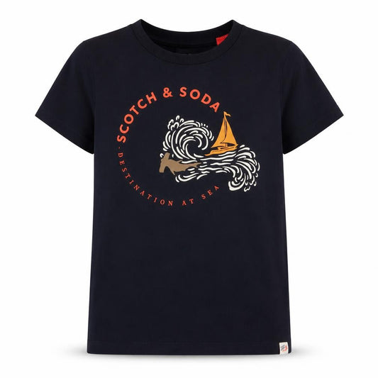 Front view of Scotch & Soda unisex kids black graphic t-shirt, size 12