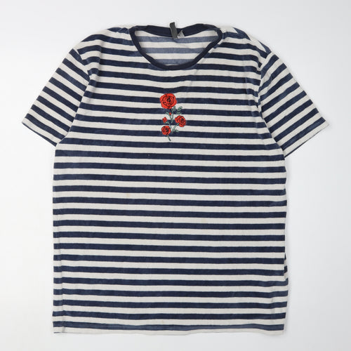 ASOS Men's Blue Striped L T-Shirt with Embroidered Rose
