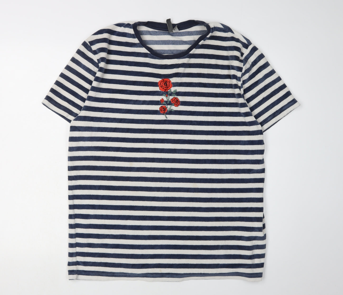 ASOS Men's Blue Striped L T-Shirt with Embroidered Rose