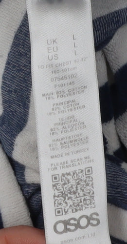 ASOS Men's Blue Striped L T-Shirt with Embroidered Rose