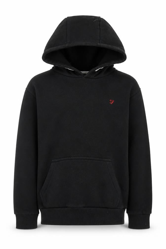 Front view of Farah boys’ black pullover hoodie, size 10-11, logo accent