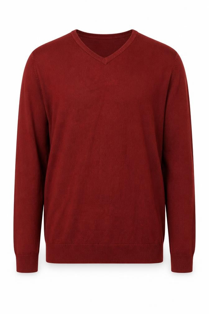 Front view of Guise Men's Red V-Neck jumper, size S