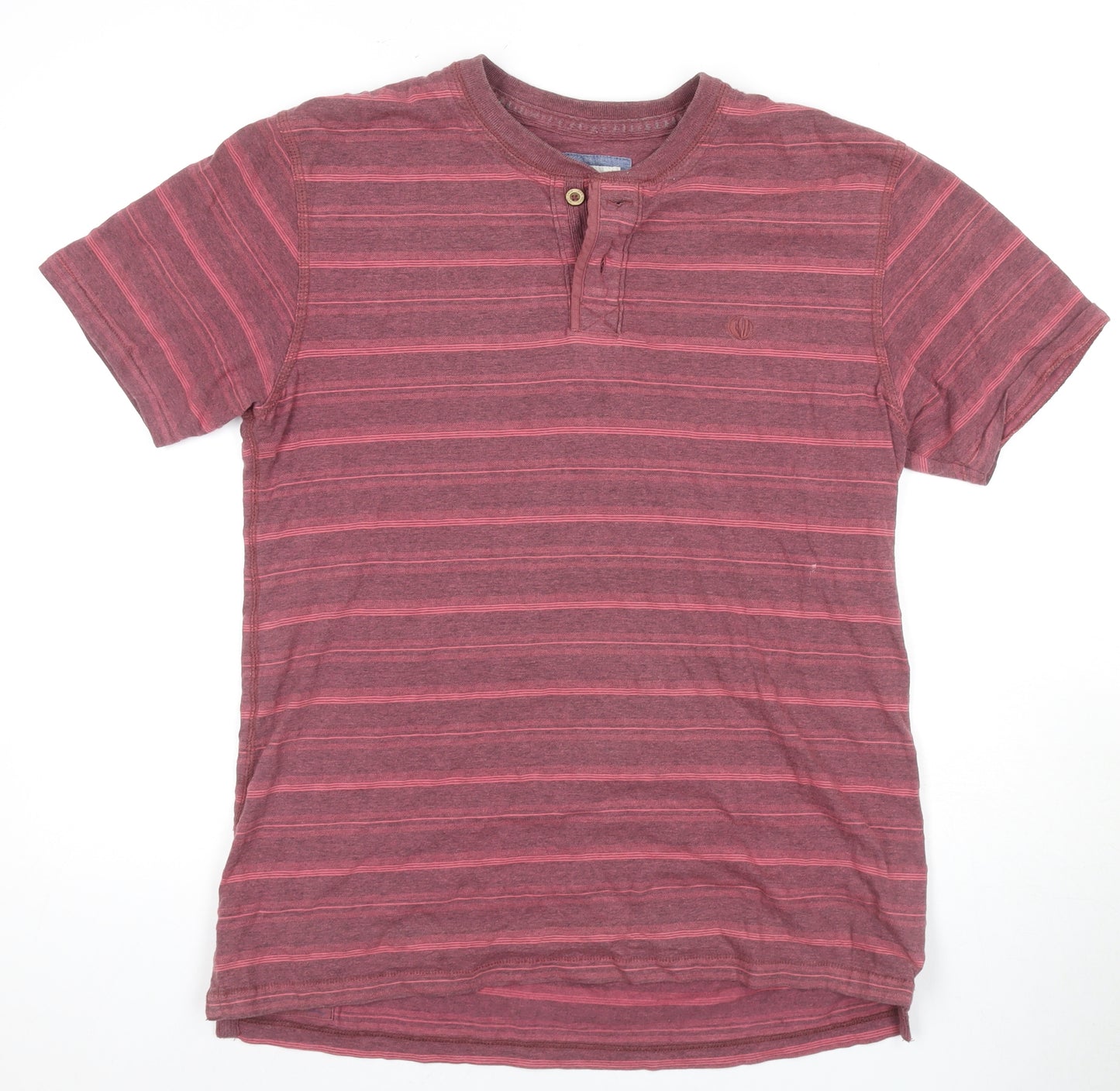 Men's Henley T-Shirt, Red, Size M, Striped Cotton
