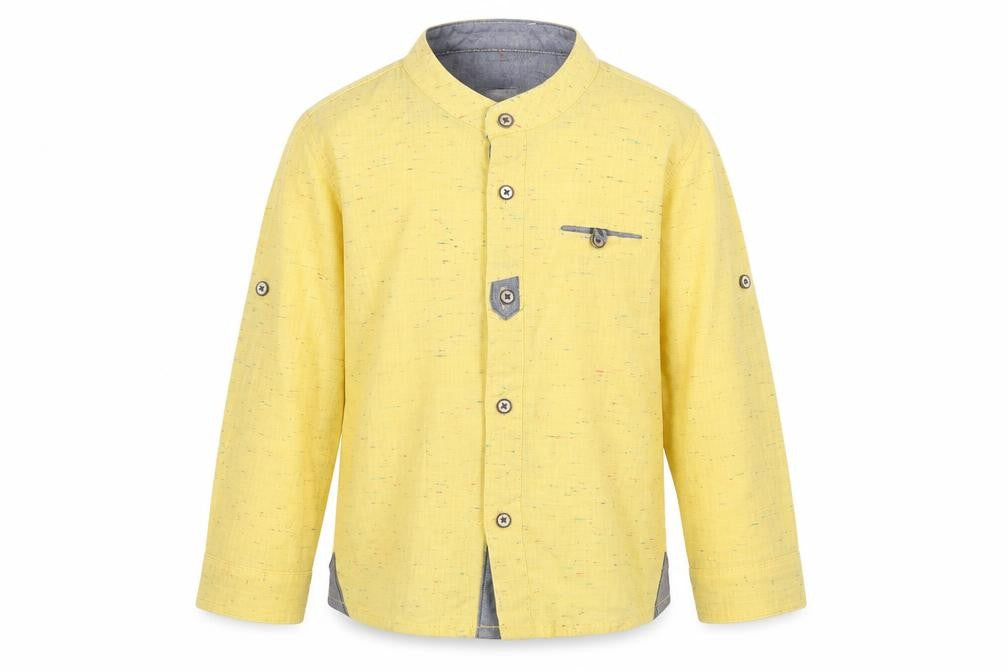 Front view of Timo boys’ yellow button-up shirt, size 11, cotton, long sleeve