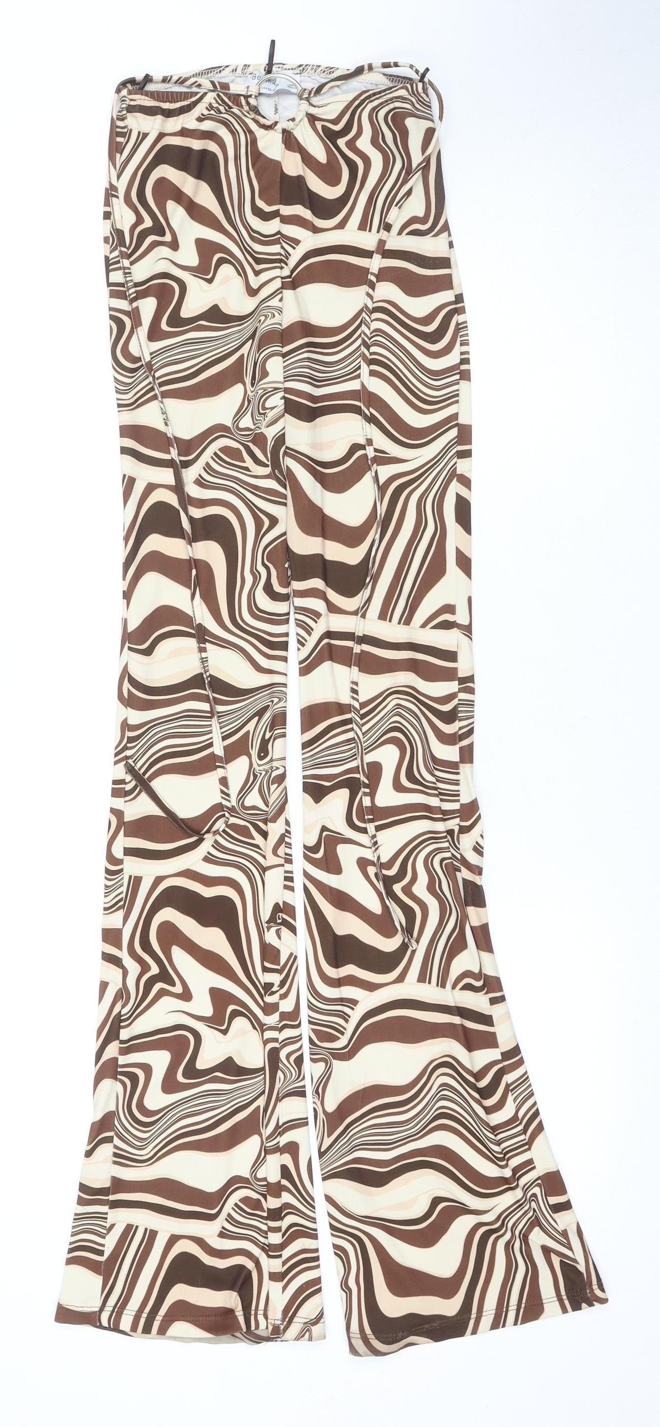 Bershka Women's Brown Geometric Flared Trousers 2XS