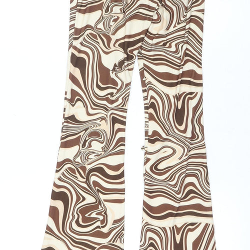 Bershka Women's Brown Geometric Flared Trousers 2XS