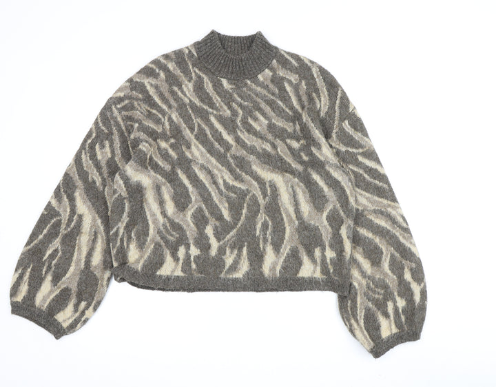 PIECES Women's Grey Animal Print Pullover M