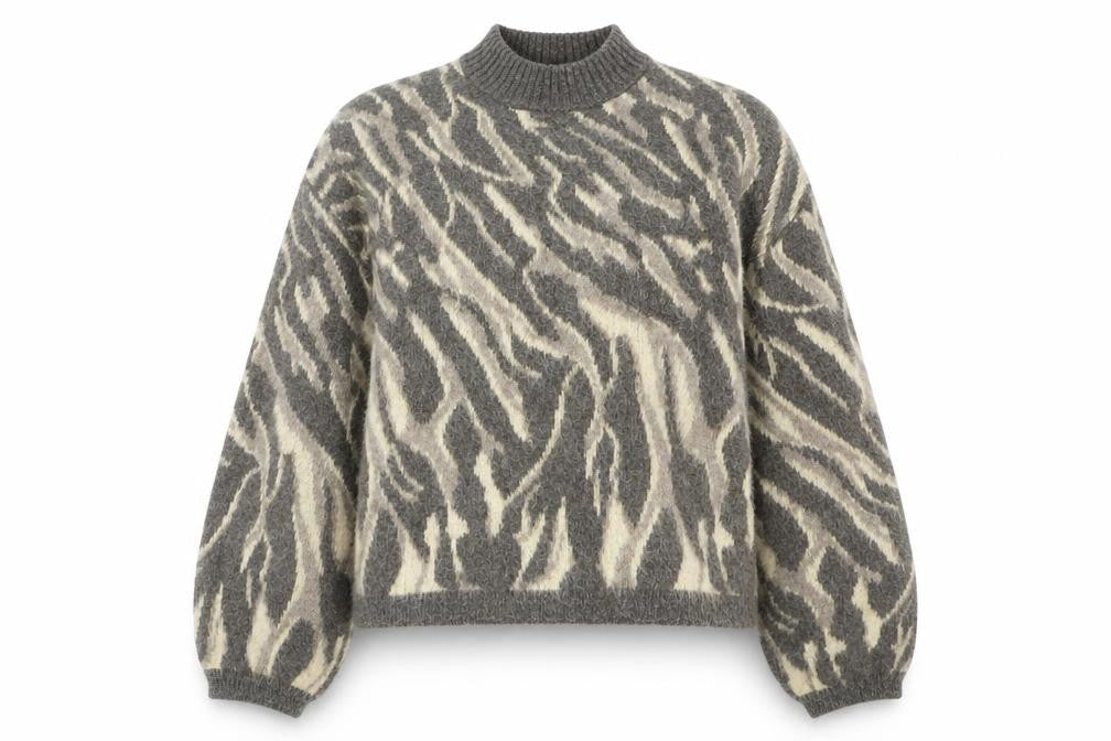 Front view of PIECES Women's Grey Animal Print Pullover M