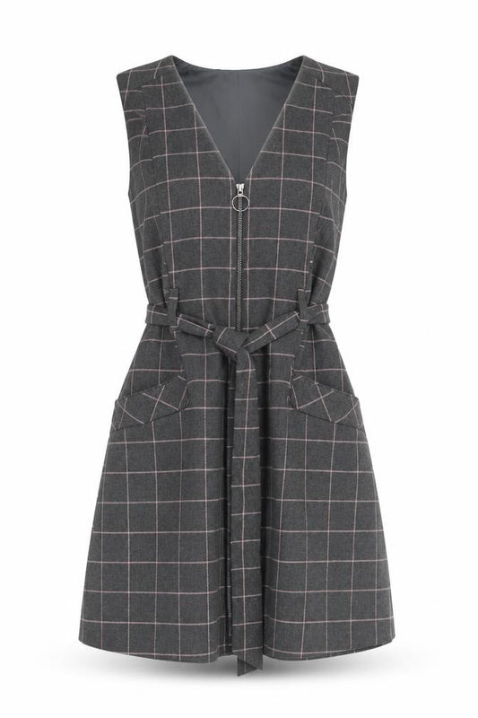 Front view of Oasis Women's Grey Check Pinafore Dress, size 10