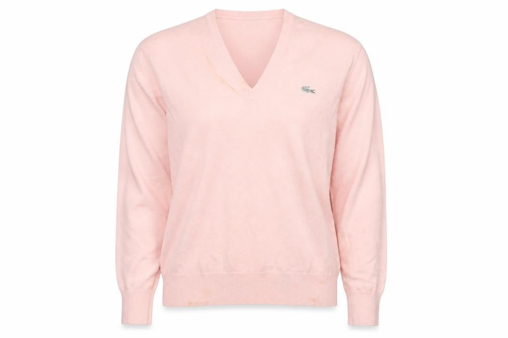 Front view of Lacoste Women's Pink V-Neck jumper, size 6