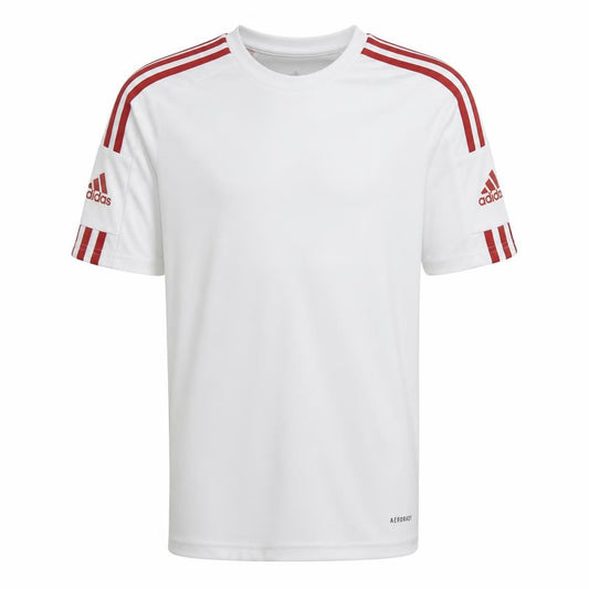 Front view of Adidas boys’ white football jersey, size 16, athletic fit