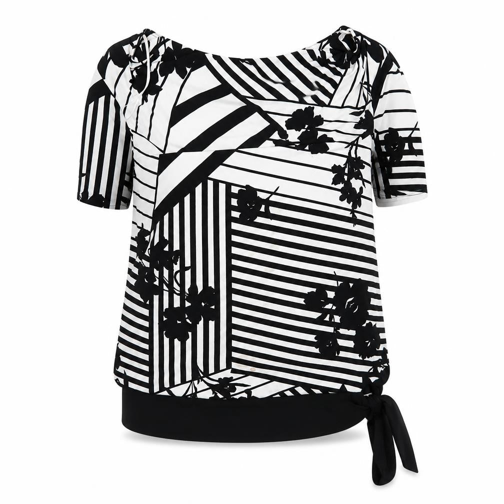 Front view of Roman Women's Black Striped Blouse, size 16, Short Sleeve