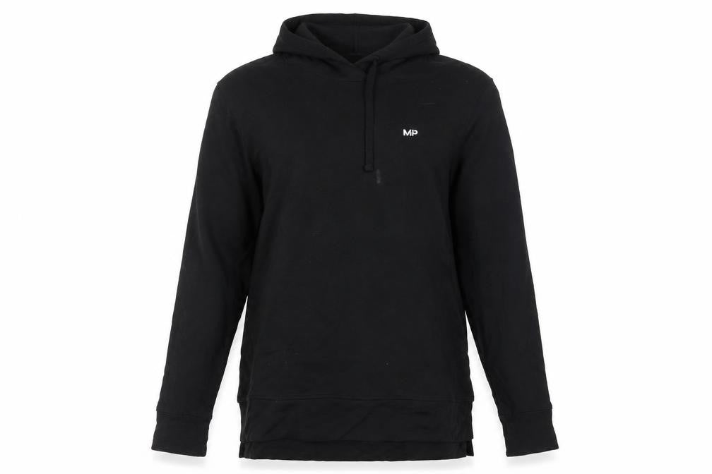 Front view of Myprotein Black Pullover Hoodie, unisex m, lightweight jersey