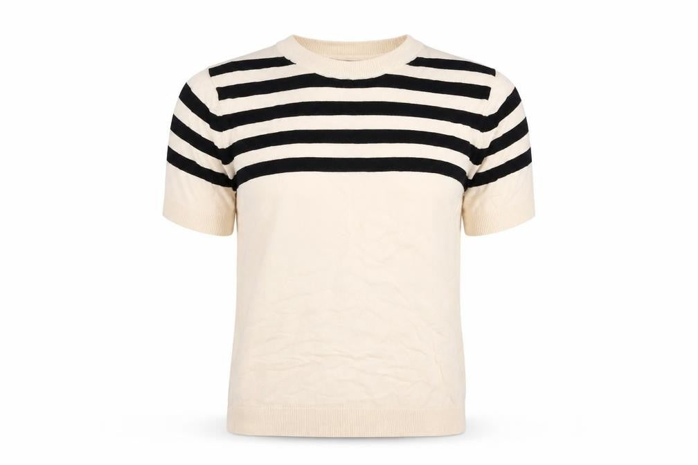 MNG Women's Black Striped T-Shirt, Size M, Crew Neck