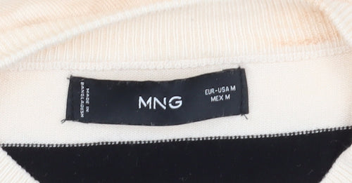 MNG Women's Black Striped T-Shirt, Size M, Crew Neck