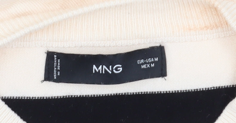 MNG Women's Black Striped T-Shirt, Size M, Crew Neck