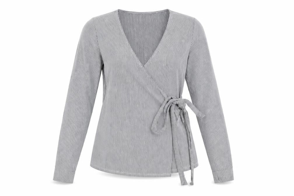 Front view of Glamorous Bloom Women's Grey Striped Wrap Blouse, size 8