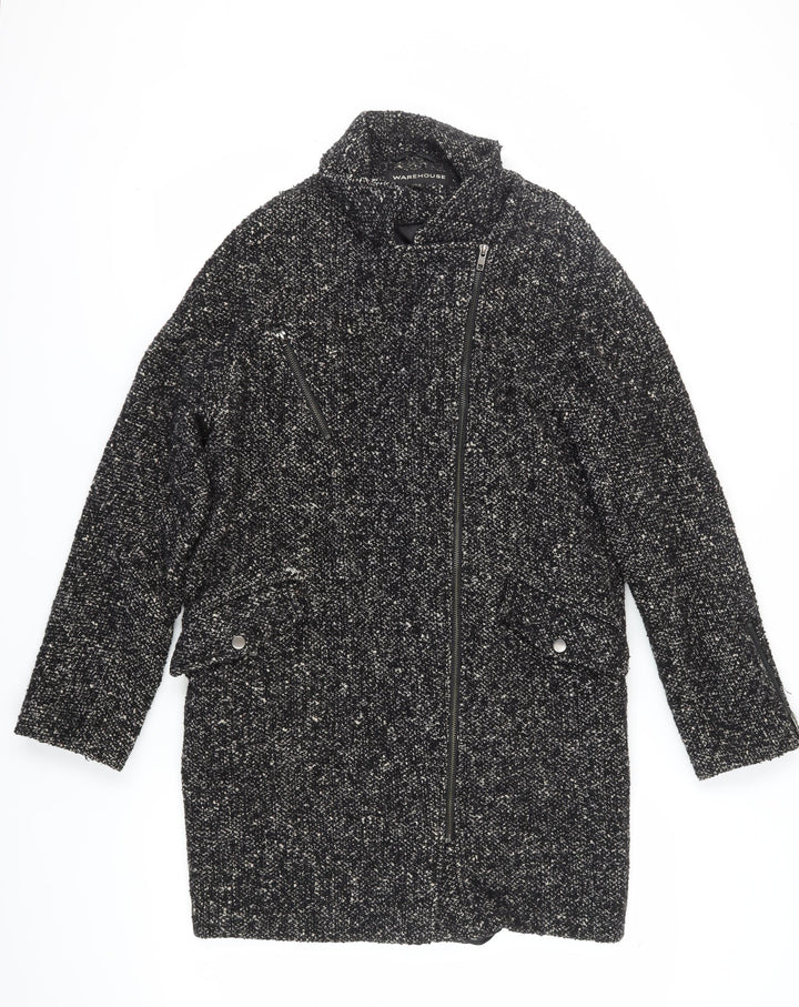 Warehouse Women's Black Mid-Length Tweed Coat Size 12